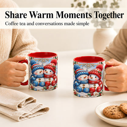 #pl[11oz|Red] Snowman Couple Coffee Mug, Christmas Snowman Mug, Ceramic Cup