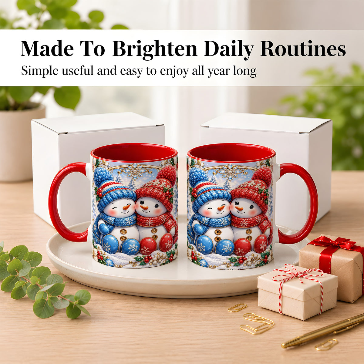 #pl[11oz|Red] Snowman Couple Coffee Mug, Christmas Snowman Mug, Ceramic Cup