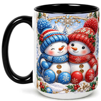 #pl[15oz|Black] Snowman Couple Coffee Mug, Christmas Snowman Mug, Ceramic Cup