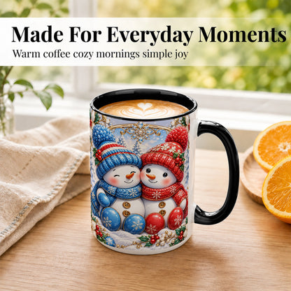 #pl[15oz|Black] Snowman Couple Coffee Mug, Christmas Snowman Mug, Ceramic Cup
