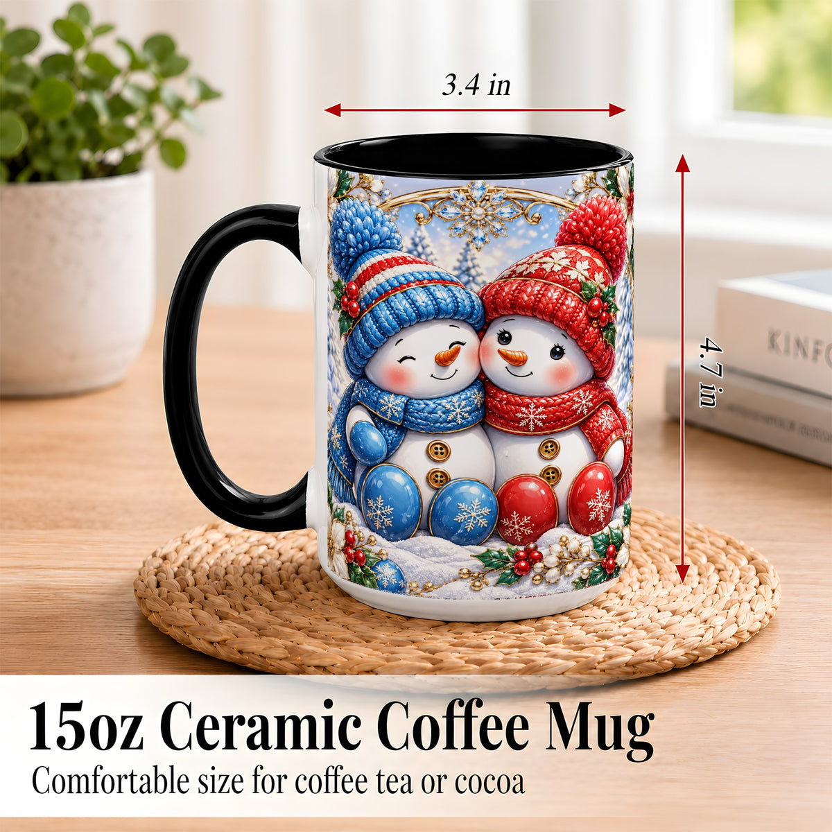 #pl[15oz|Black] Snowman Couple Coffee Mug, Christmas Snowman Mug, Ceramic Cup