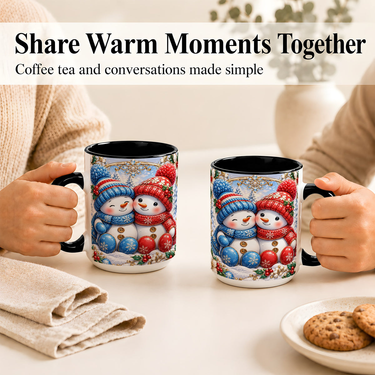 #pl[15oz|Black] Snowman Couple Coffee Mug, Christmas Snowman Mug, Ceramic Cup