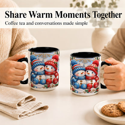 #pl[15oz|Black] Snowman Couple Coffee Mug, Christmas Snowman Mug, Ceramic Cup