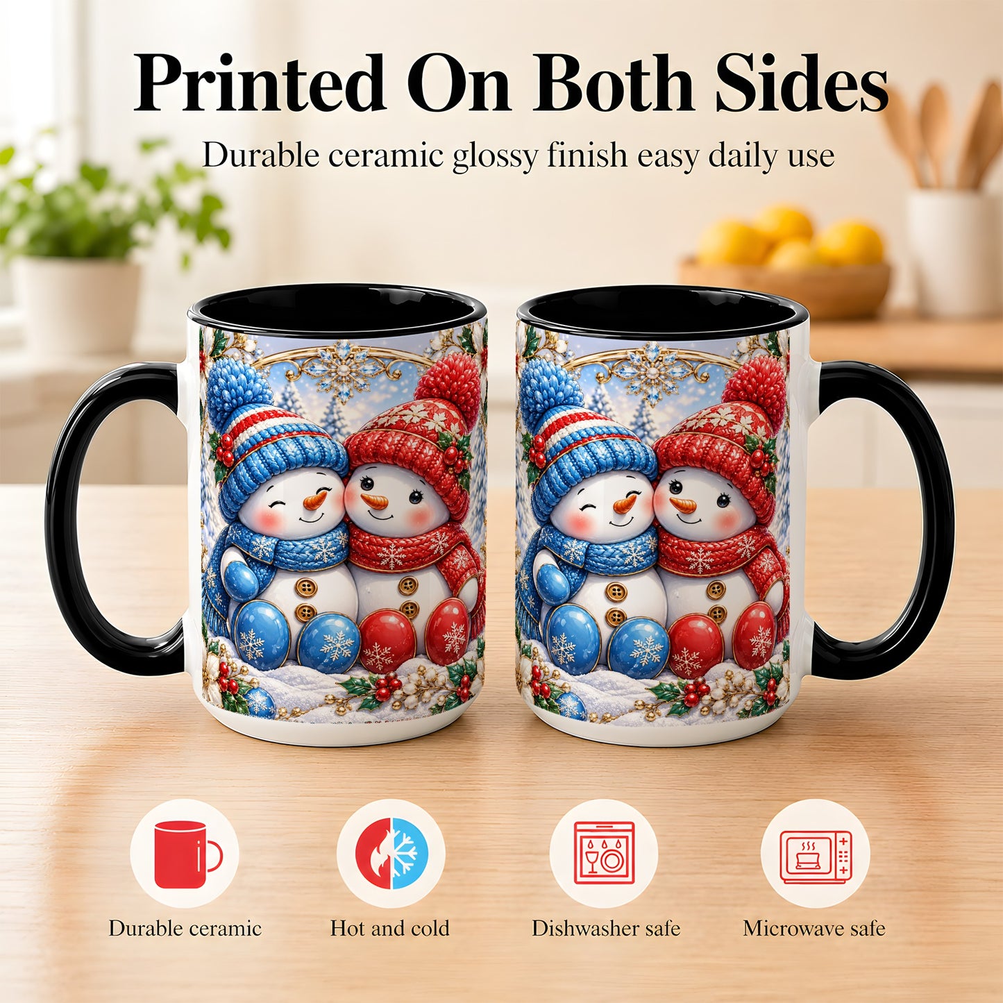 #pl[15oz|Black] Snowman Couple Coffee Mug, Christmas Snowman Mug, Ceramic Cup