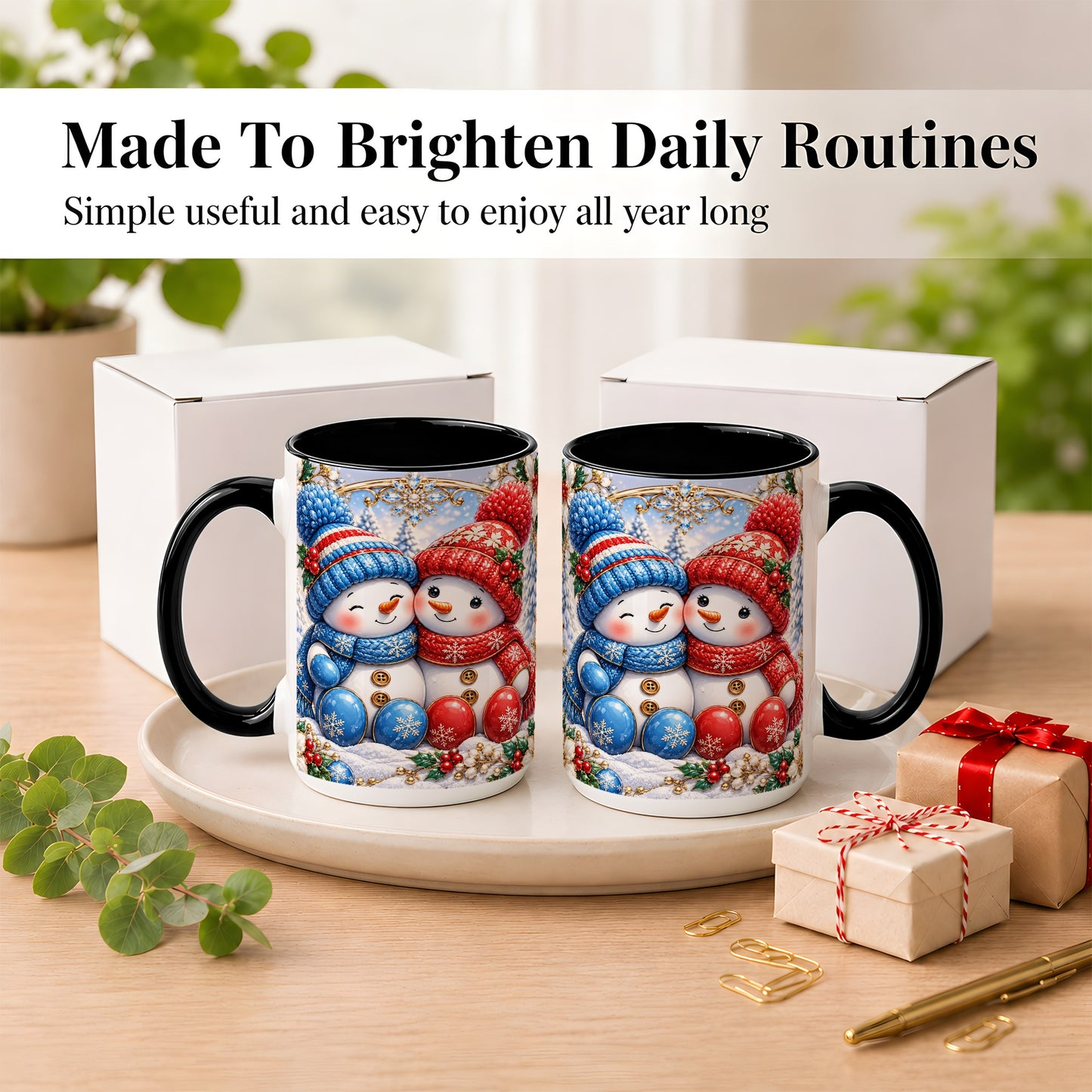 #pl[15oz|Black] Snowman Couple Coffee Mug, Christmas Snowman Mug, Ceramic Cup