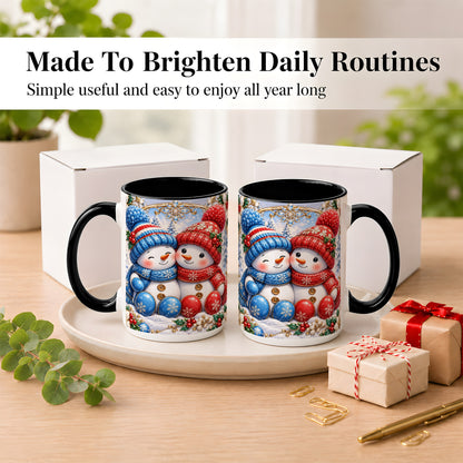 #pl[15oz|Black] Snowman Couple Coffee Mug, Christmas Snowman Mug, Ceramic Cup