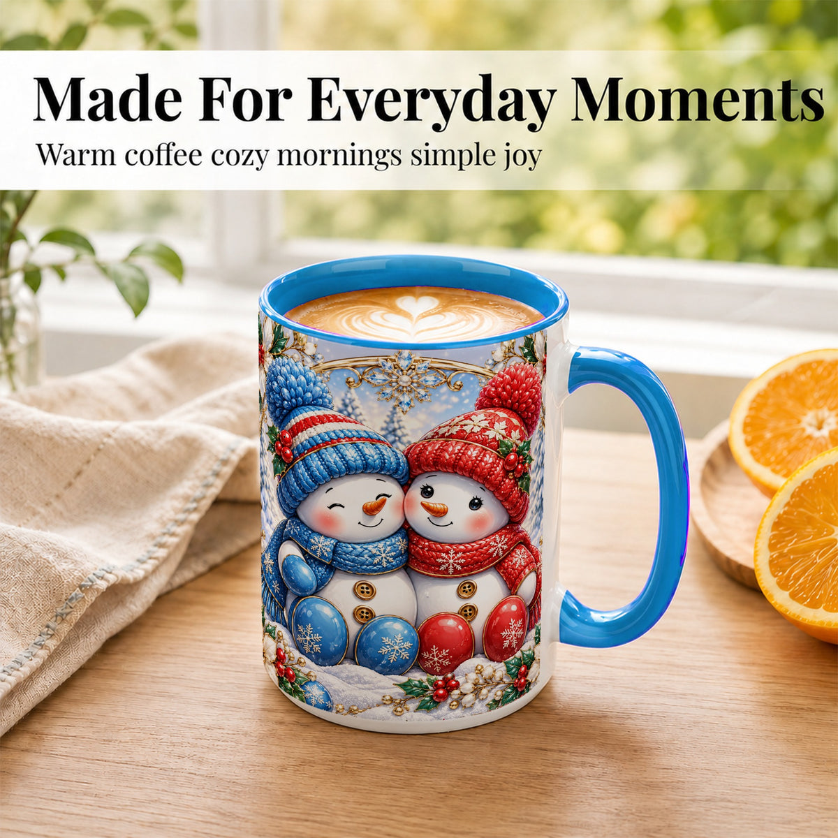 #pl[15oz|Blue] Snowman Couple Coffee Mug, Christmas Snowman Mug, Ceramic Cup