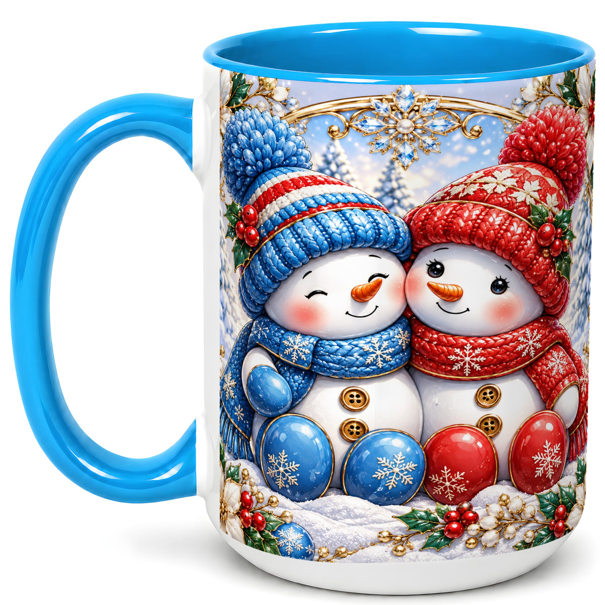 #pl[15oz|Blue] Snowman Couple Coffee Mug, Christmas Snowman Mug, Ceramic Cup