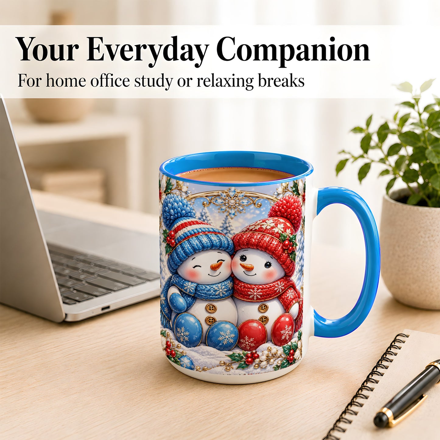 #pl[15oz|Blue] Snowman Couple Coffee Mug, Christmas Snowman Mug, Ceramic Cup