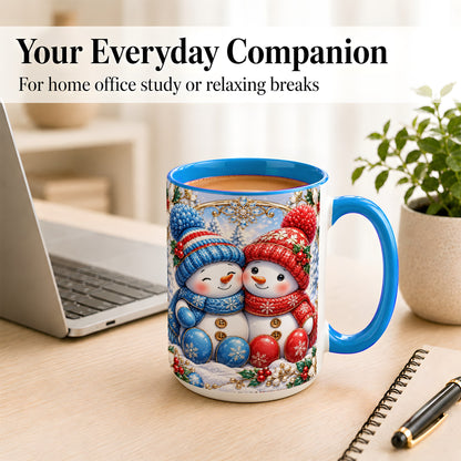 #pl[15oz|Blue] Snowman Couple Coffee Mug, Christmas Snowman Mug, Ceramic Cup