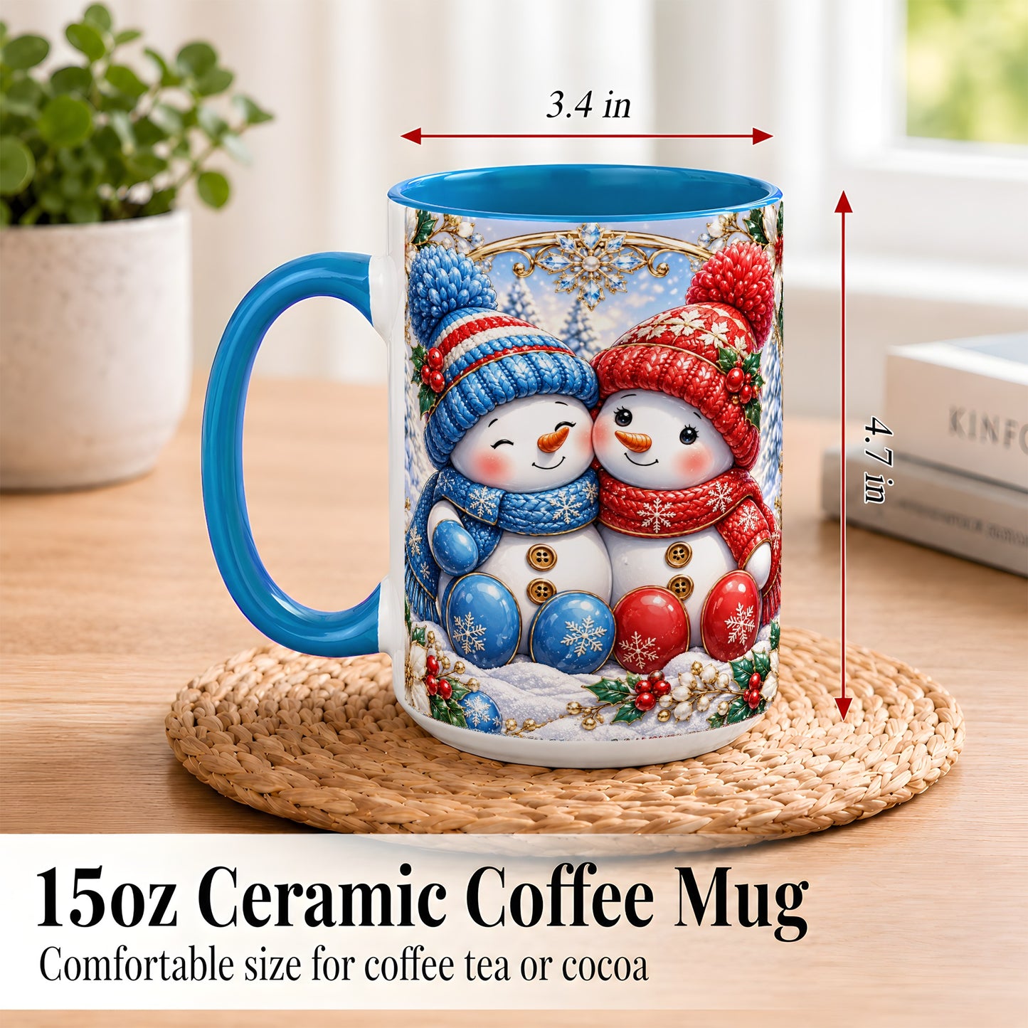 #pl[15oz|Blue] Snowman Couple Coffee Mug, Christmas Snowman Mug, Ceramic Cup
