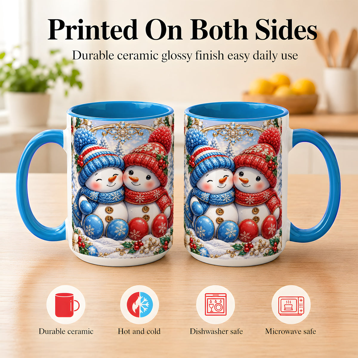 #pl[15oz|Blue] Snowman Couple Coffee Mug, Christmas Snowman Mug, Ceramic Cup