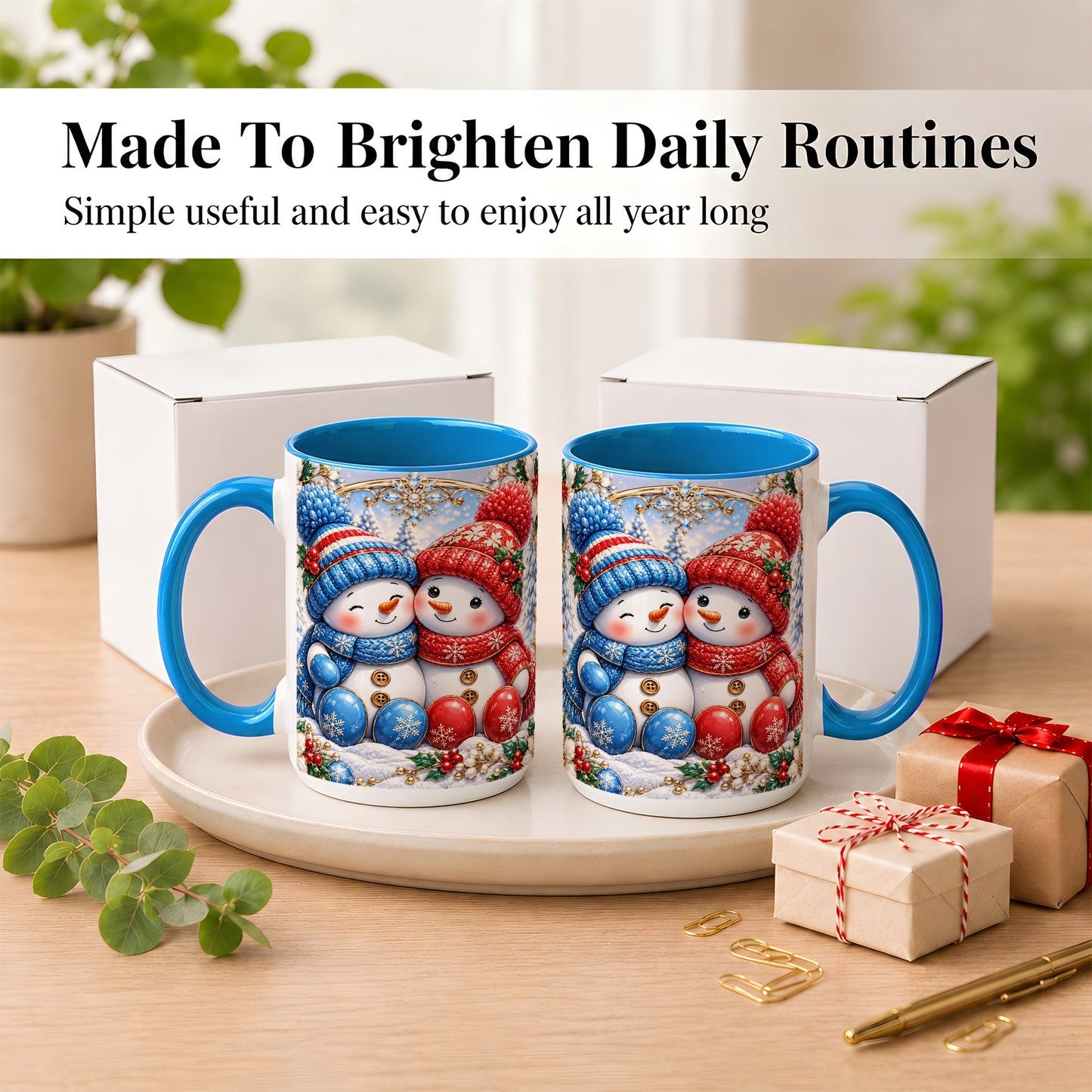 #pl[15oz|Blue] Snowman Couple Coffee Mug, Christmas Snowman Mug, Ceramic Cup