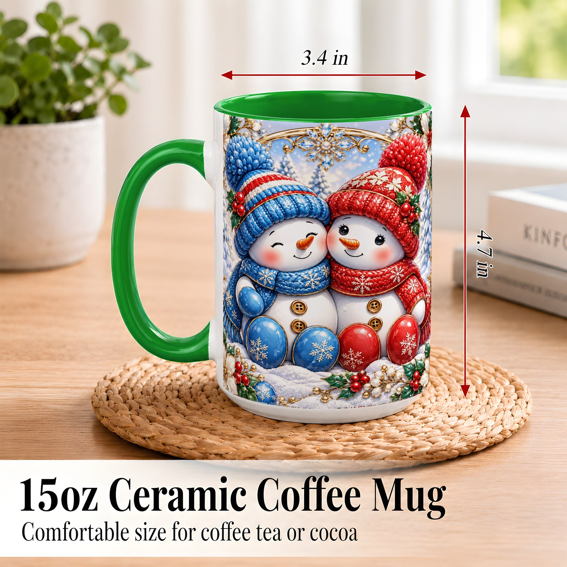 #pl[15oz|Green] Snowman Couple Coffee Mug, Christmas Snowman Mug, Ceramic Cup