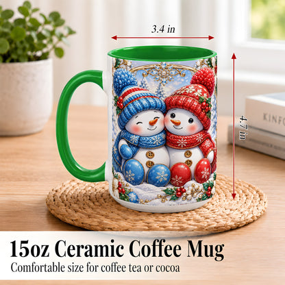 #pl[15oz|Green] Snowman Couple Coffee Mug, Christmas Snowman Mug, Ceramic Cup
