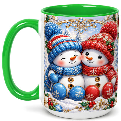 #pl[15oz|Green] Snowman Couple Coffee Mug, Christmas Snowman Mug, Ceramic Cup