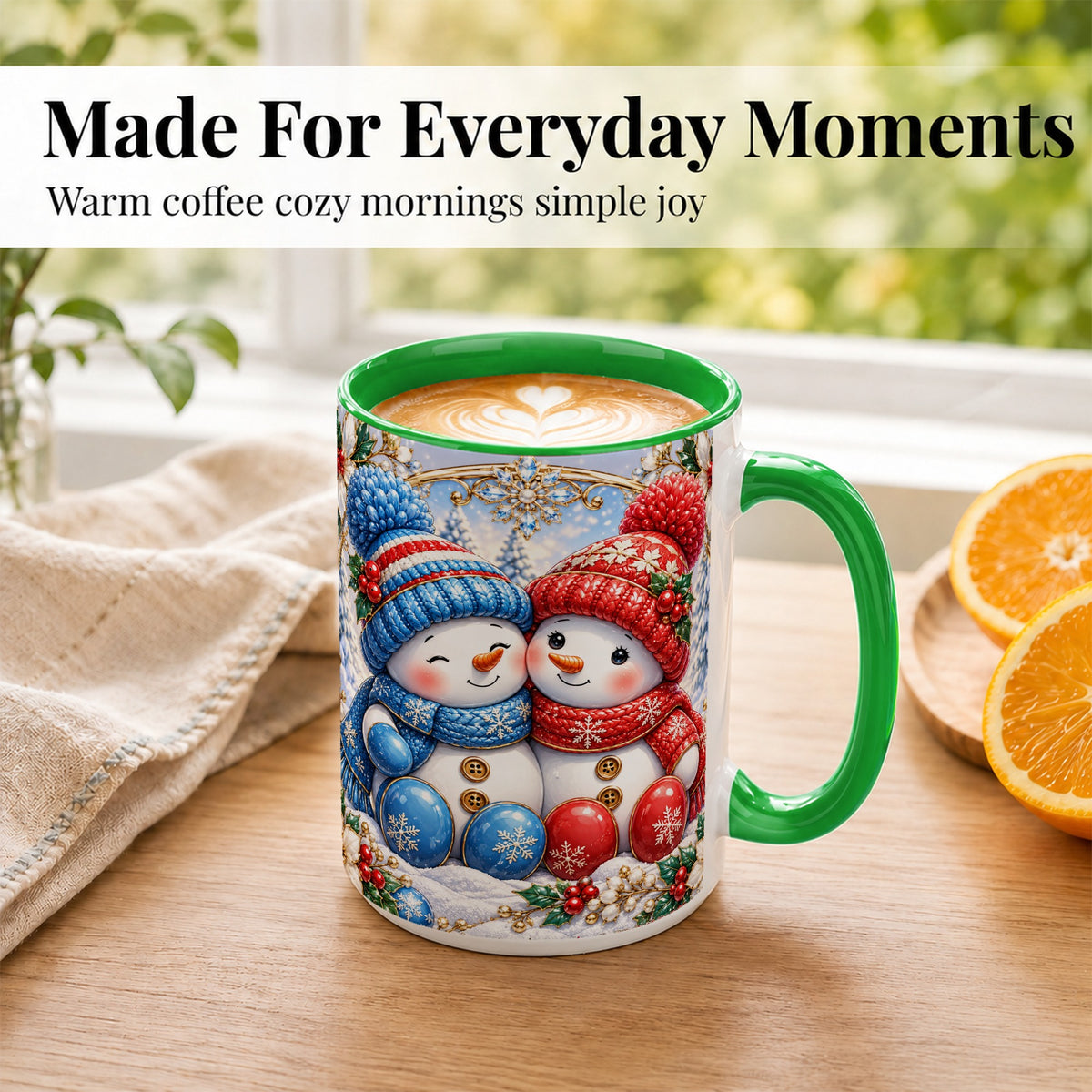 #pl[15oz|Green] Snowman Couple Coffee Mug, Christmas Snowman Mug, Ceramic Cup