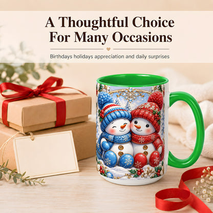 #pl[15oz|Green] Snowman Couple Coffee Mug, Christmas Snowman Mug, Ceramic Cup