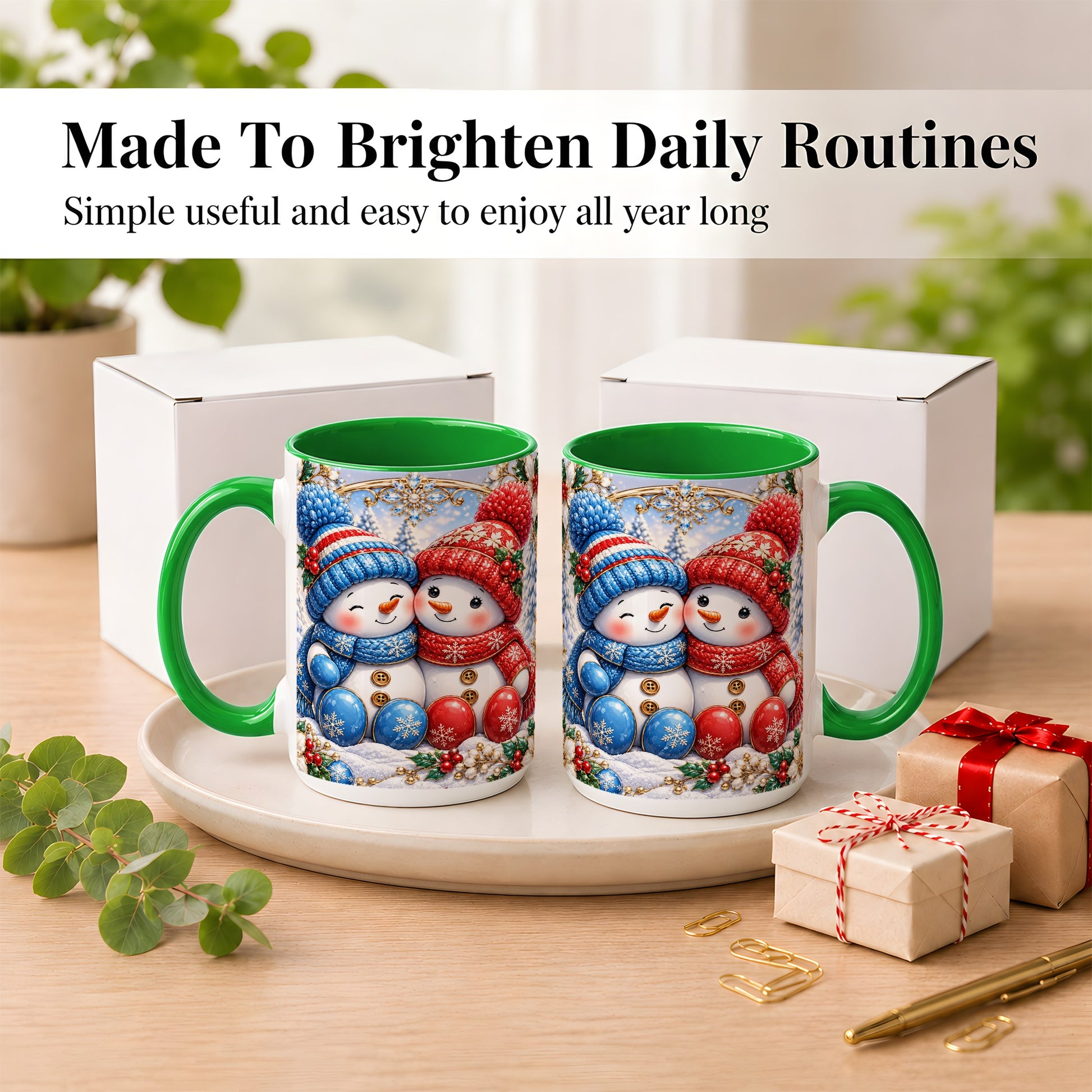 #pl[15oz|Green] Snowman Couple Coffee Mug, Christmas Snowman Mug, Ceramic Cup