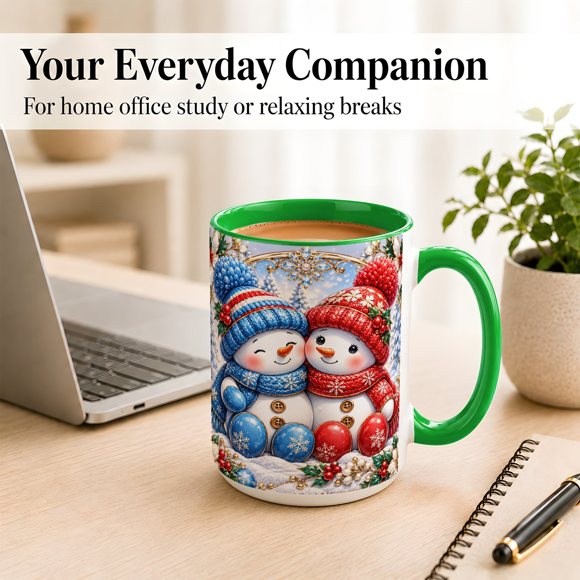 #pl[15oz|Green] Snowman Couple Coffee Mug, Christmas Snowman Mug, Ceramic Cup