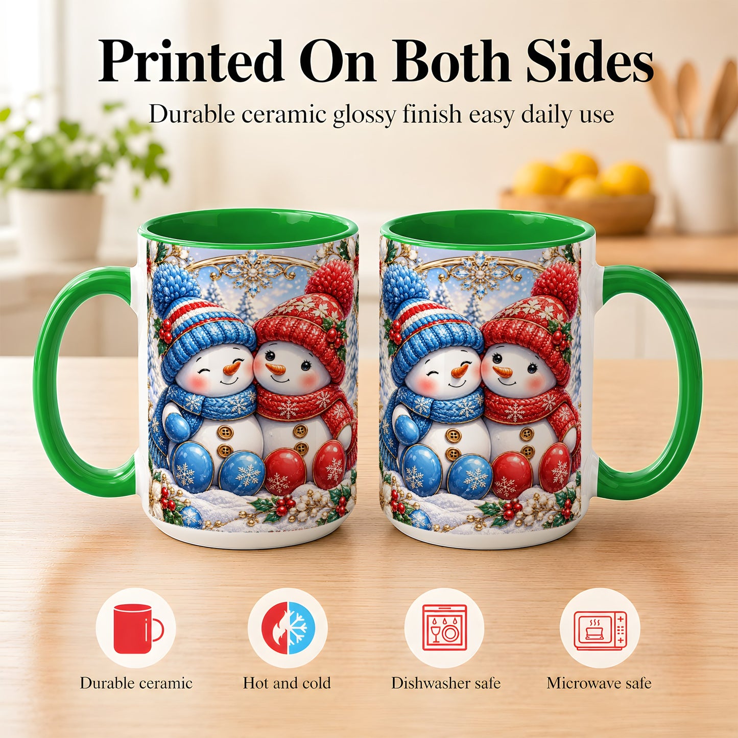 #pl[15oz|Green] Snowman Couple Coffee Mug, Christmas Snowman Mug, Ceramic Cup