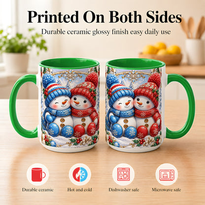 #pl[15oz|Green] Snowman Couple Coffee Mug, Christmas Snowman Mug, Ceramic Cup