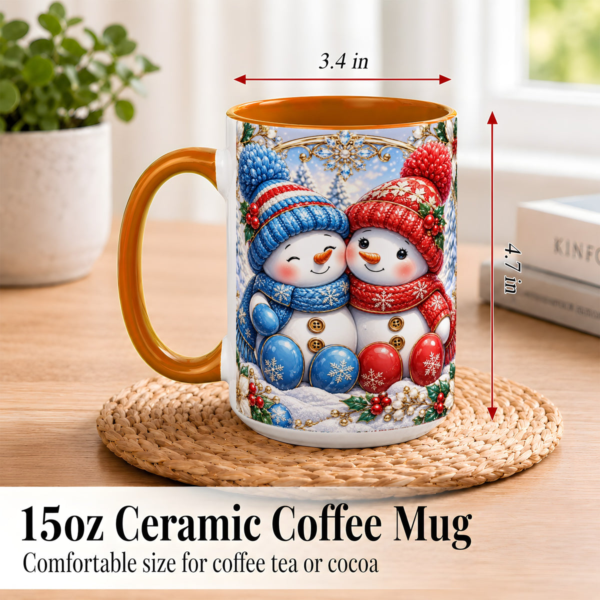 #pl[15oz|Orange] Snowman Couple Coffee Mug, Christmas Snowman Mug, Ceramic Cup