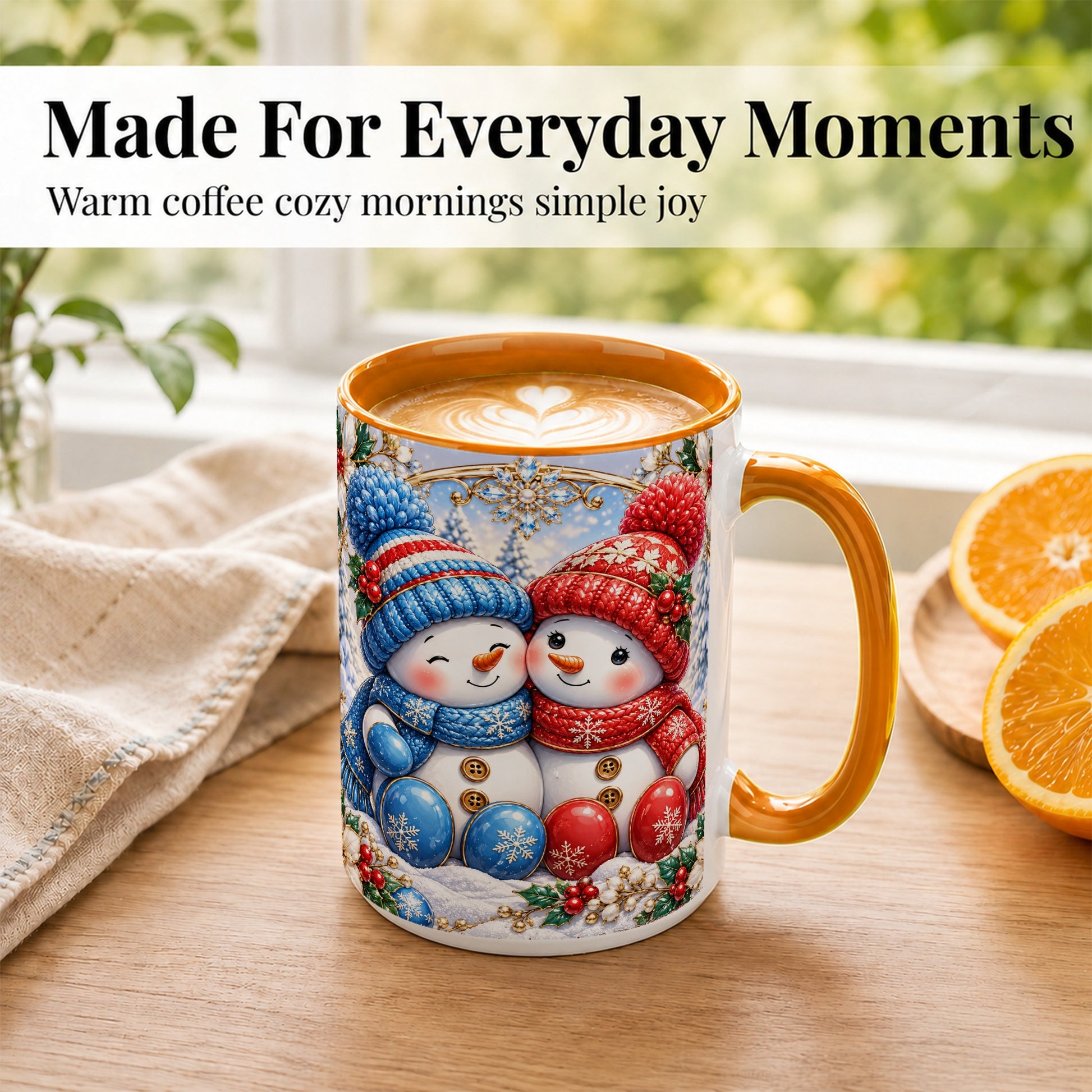 #pl[15oz|Orange] Snowman Couple Coffee Mug, Christmas Snowman Mug, Ceramic Cup