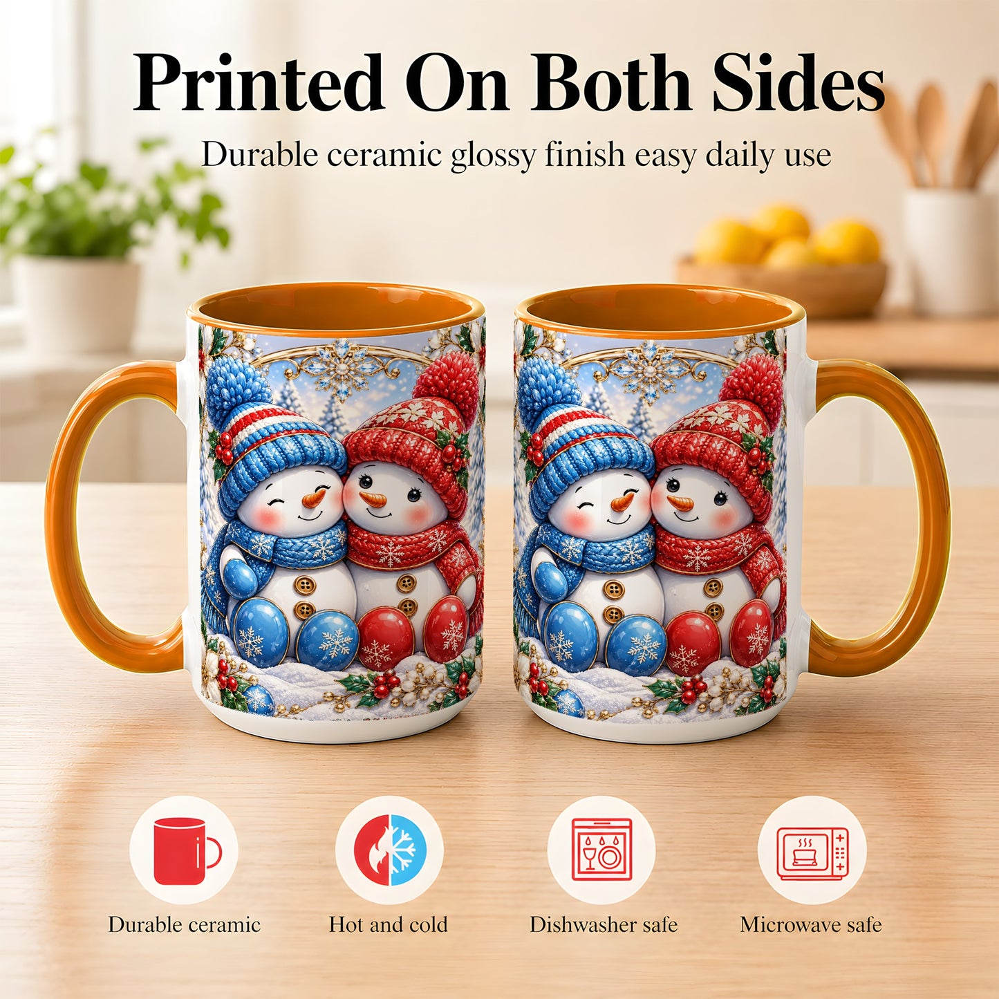 #pl[15oz|Orange] Snowman Couple Coffee Mug, Christmas Snowman Mug, Ceramic Cup