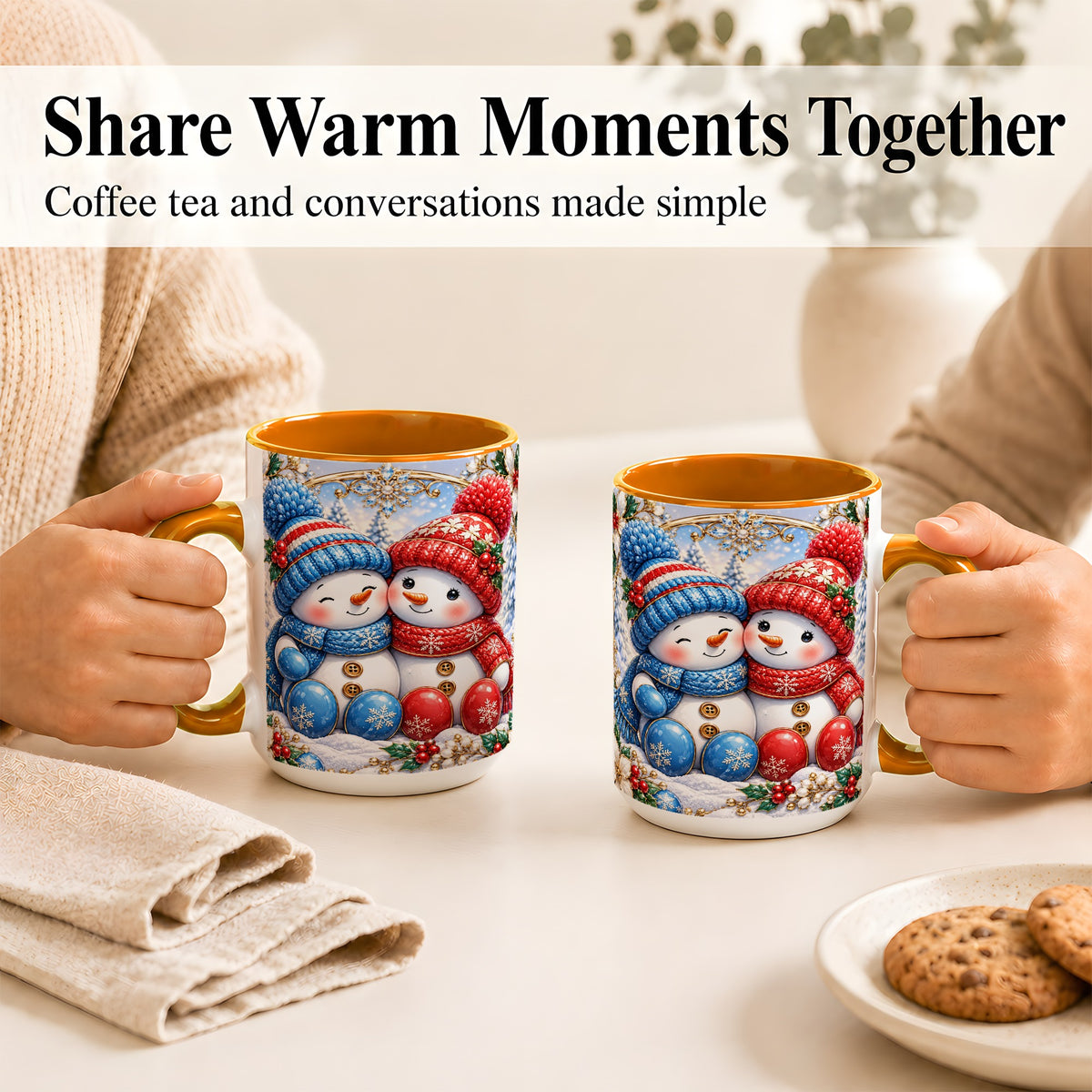 #pl[15oz|Orange] Snowman Couple Coffee Mug, Christmas Snowman Mug, Ceramic Cup