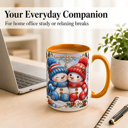 #pl[15oz|Orange] Snowman Couple Coffee Mug, Christmas Snowman Mug, Ceramic Cup
