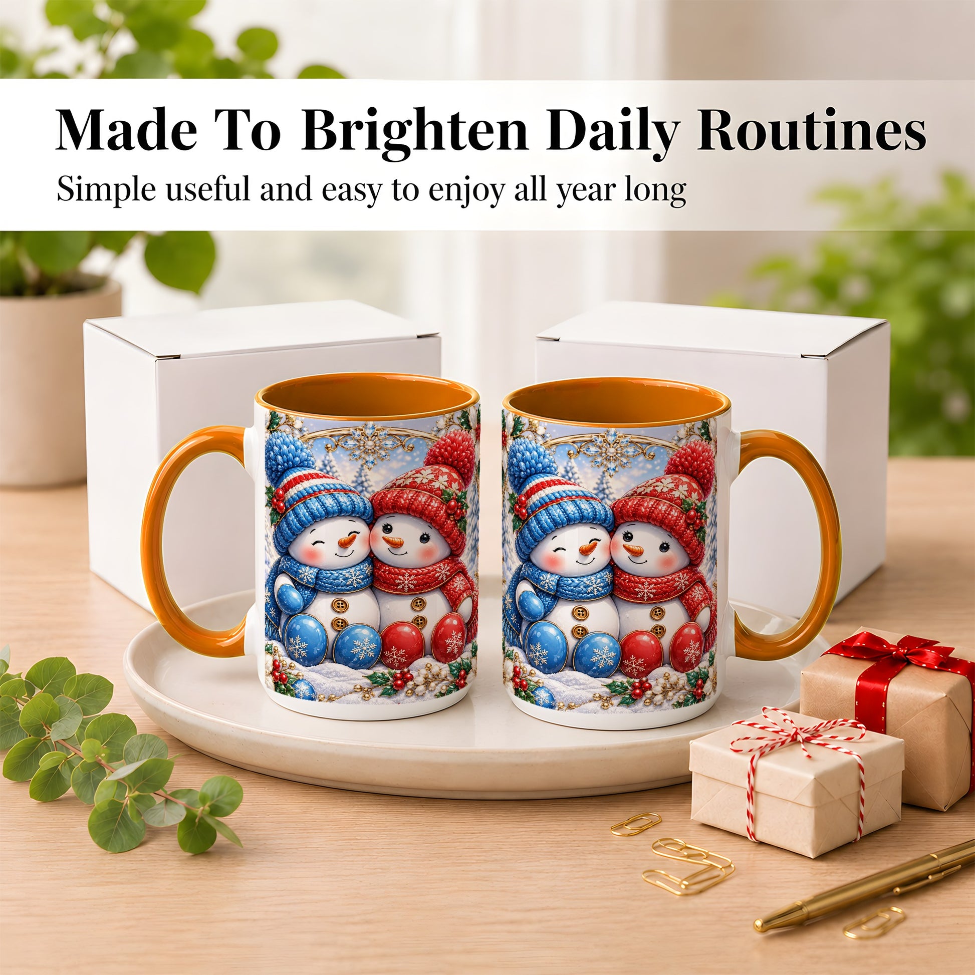 #pl[15oz|Orange] Snowman Couple Coffee Mug, Christmas Snowman Mug, Ceramic Cup