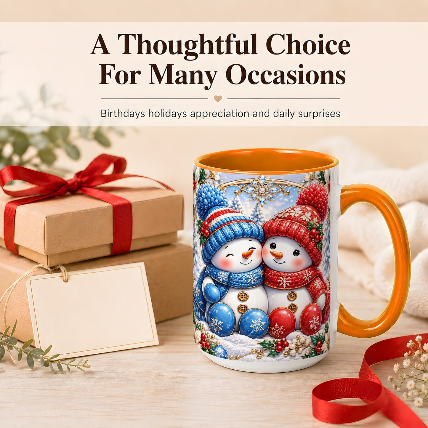 #pl[15oz|Orange] Snowman Couple Coffee Mug, Christmas Snowman Mug, Ceramic Cup