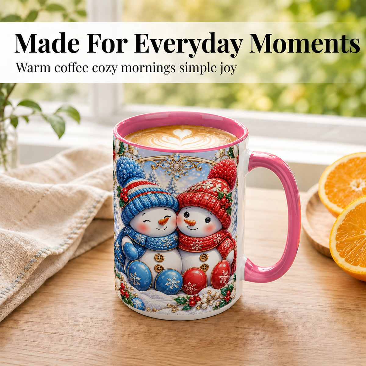 #pl[15oz|Pink] Snowman Couple Coffee Mug, Christmas Snowman Mug, Ceramic Cup