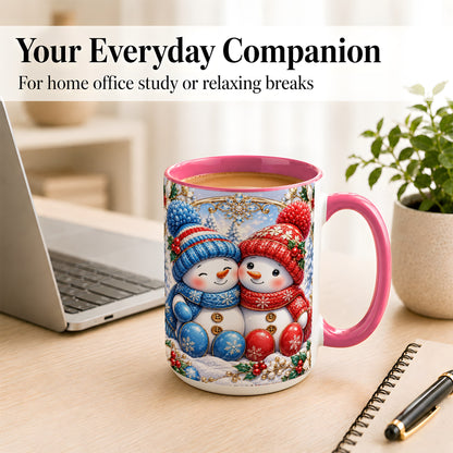 #pl[15oz|Pink] Snowman Couple Coffee Mug, Christmas Snowman Mug, Ceramic Cup