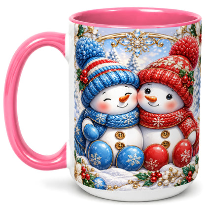 #pl[15oz|Pink] Snowman Couple Coffee Mug, Christmas Snowman Mug, Ceramic Cup