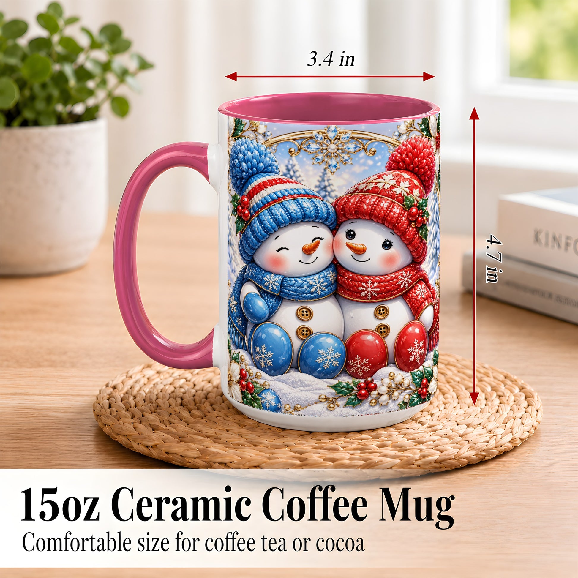 #pl[15oz|Pink] Snowman Couple Coffee Mug, Christmas Snowman Mug, Ceramic Cup