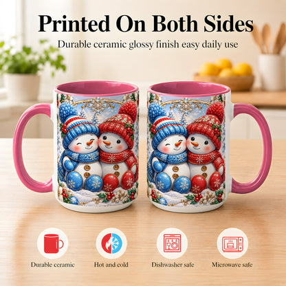#pl[15oz|Pink] Snowman Couple Coffee Mug, Christmas Snowman Mug, Ceramic Cup