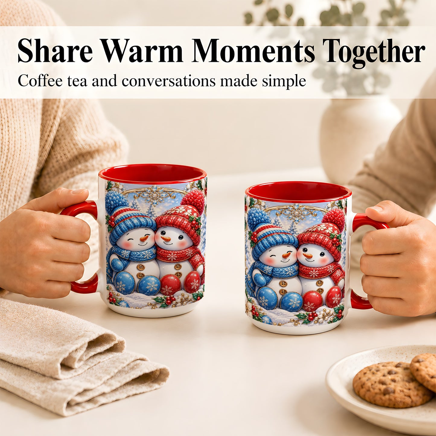 #pl[15oz|Red] Snowman Couple Coffee Mug, Christmas Snowman Mug, Ceramic Cup