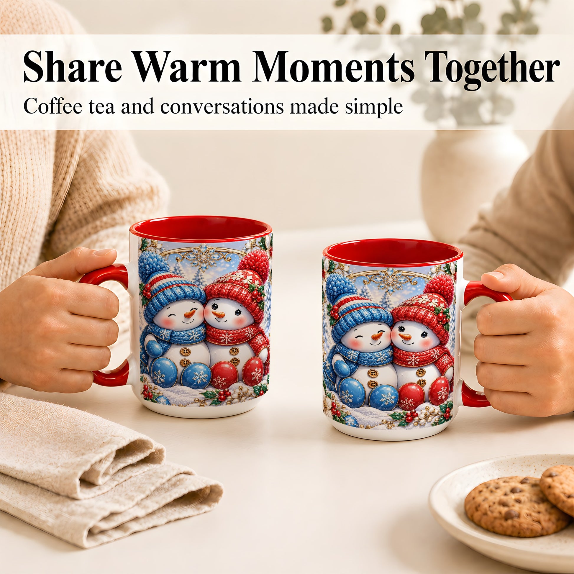 #pl[15oz|Red] Snowman Couple Coffee Mug, Christmas Snowman Mug, Ceramic Cup