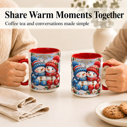 #pl[15oz|Red] Snowman Couple Coffee Mug, Christmas Snowman Mug, Ceramic Cup