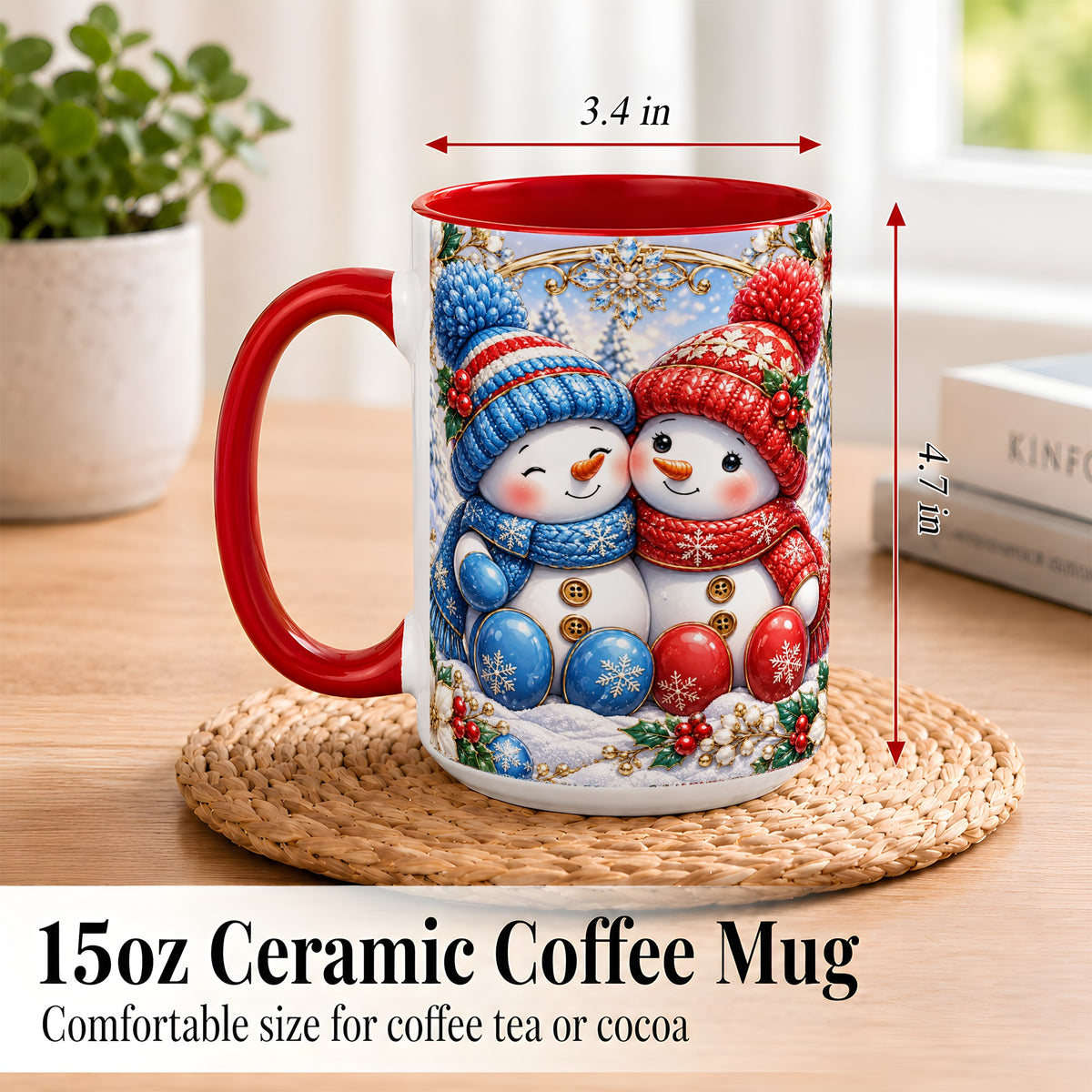 #pl[15oz|Red] Snowman Couple Coffee Mug, Christmas Snowman Mug, Ceramic Cup