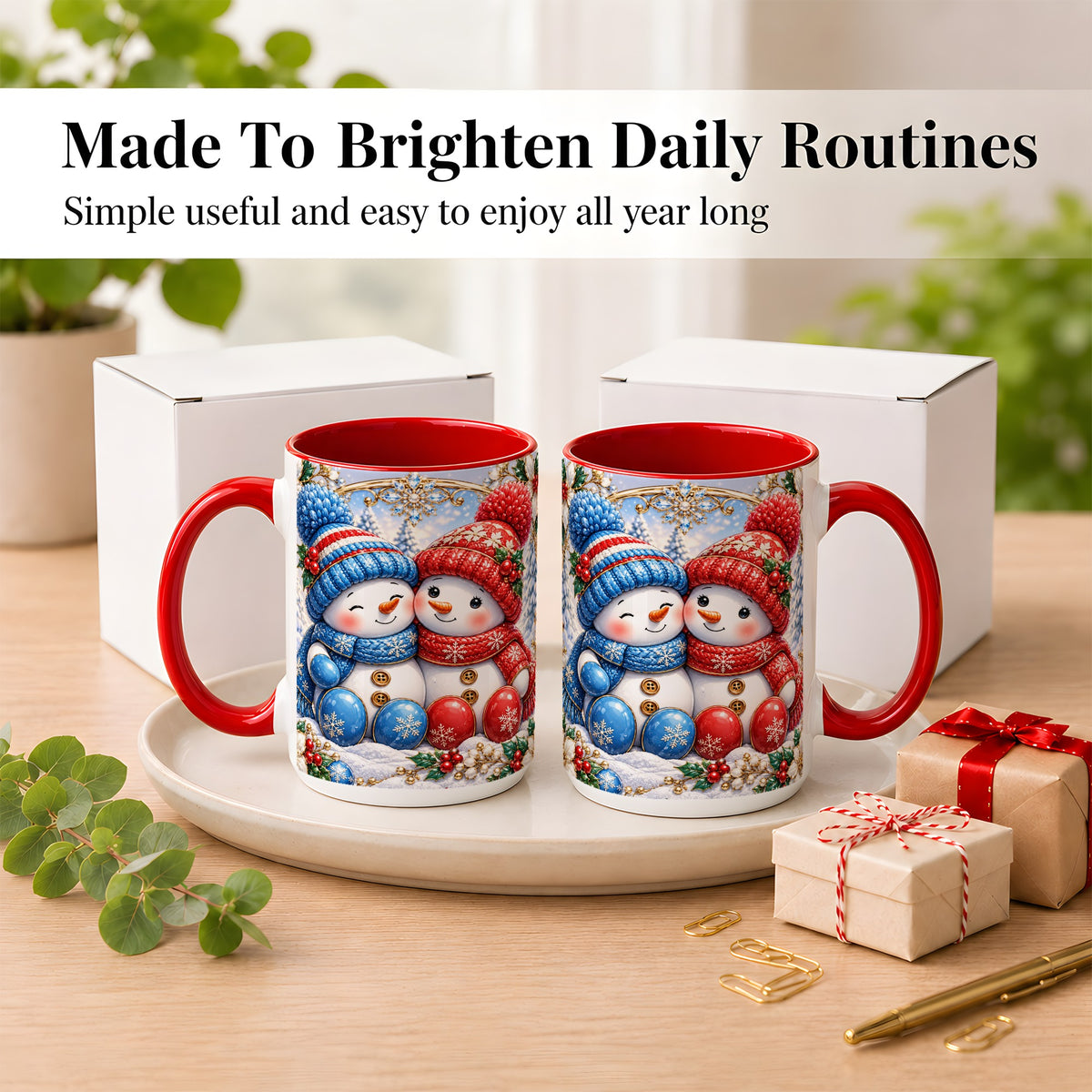 #pl[15oz|Red] Snowman Couple Coffee Mug, Christmas Snowman Mug, Ceramic Cup