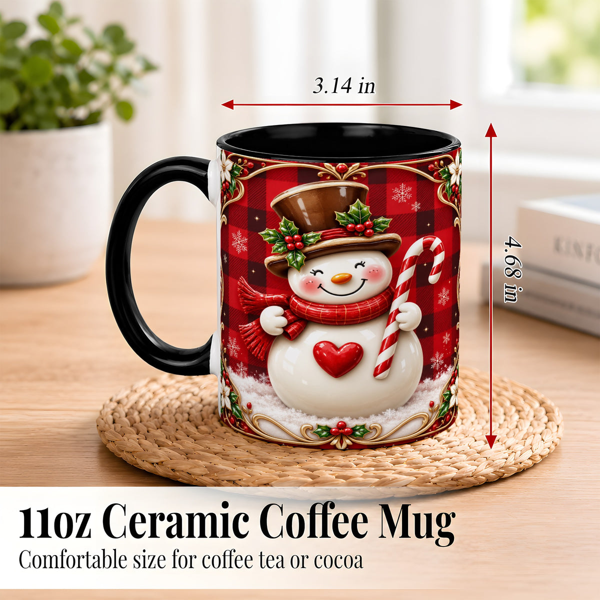 #pl[11oz|Black] Plaid Snowman Coffee Mug, Christmas Snowman Mug, Ceramic Cup
