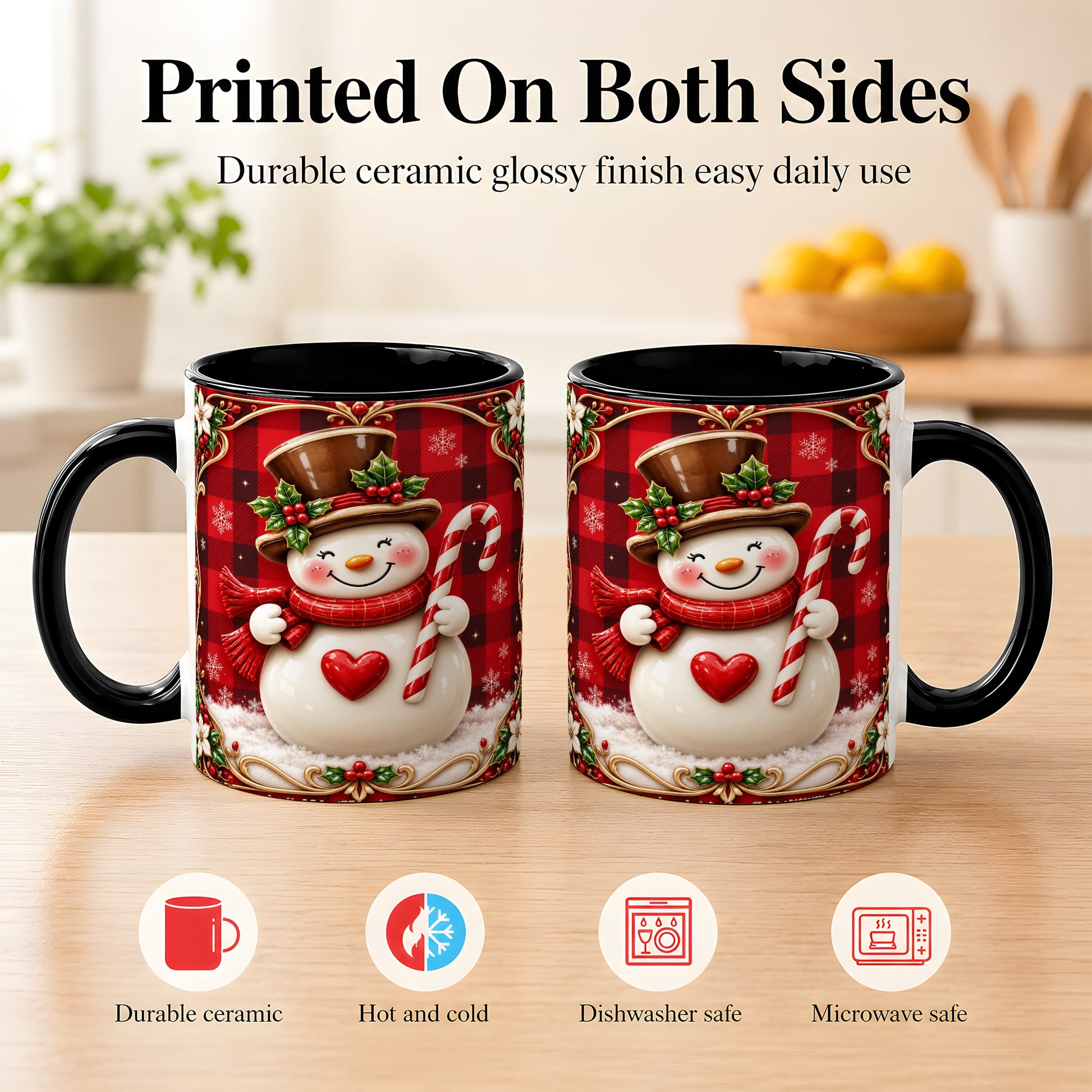 #pl[11oz|Black] Plaid Snowman Coffee Mug, Christmas Snowman Mug, Ceramic Cup