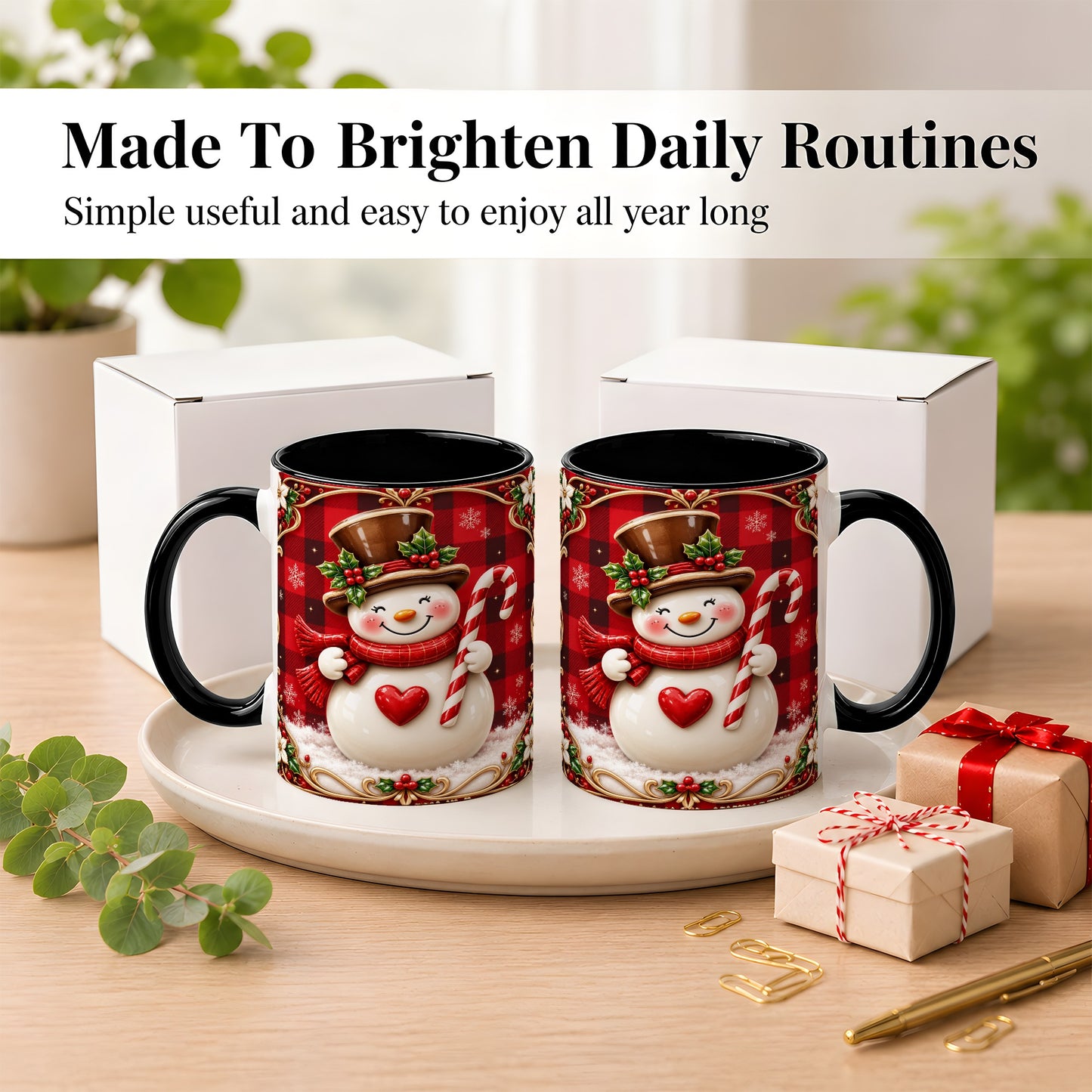 #pl[11oz|Black] Plaid Snowman Coffee Mug, Christmas Snowman Mug, Ceramic Cup