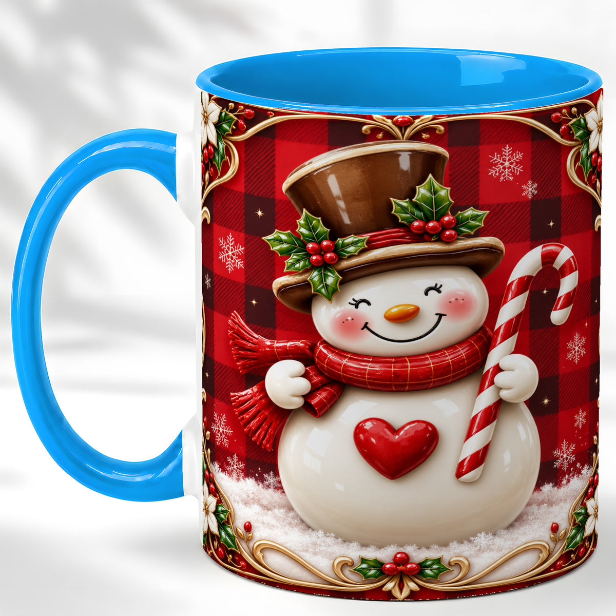 #pl[11oz|Blue] Plaid Snowman Coffee Mug, Christmas Snowman Mug, Ceramic Cup
