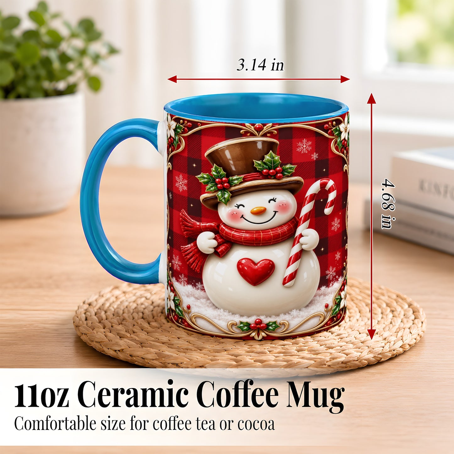 #pl[11oz|Blue] Plaid Snowman Coffee Mug, Christmas Snowman Mug, Ceramic Cup