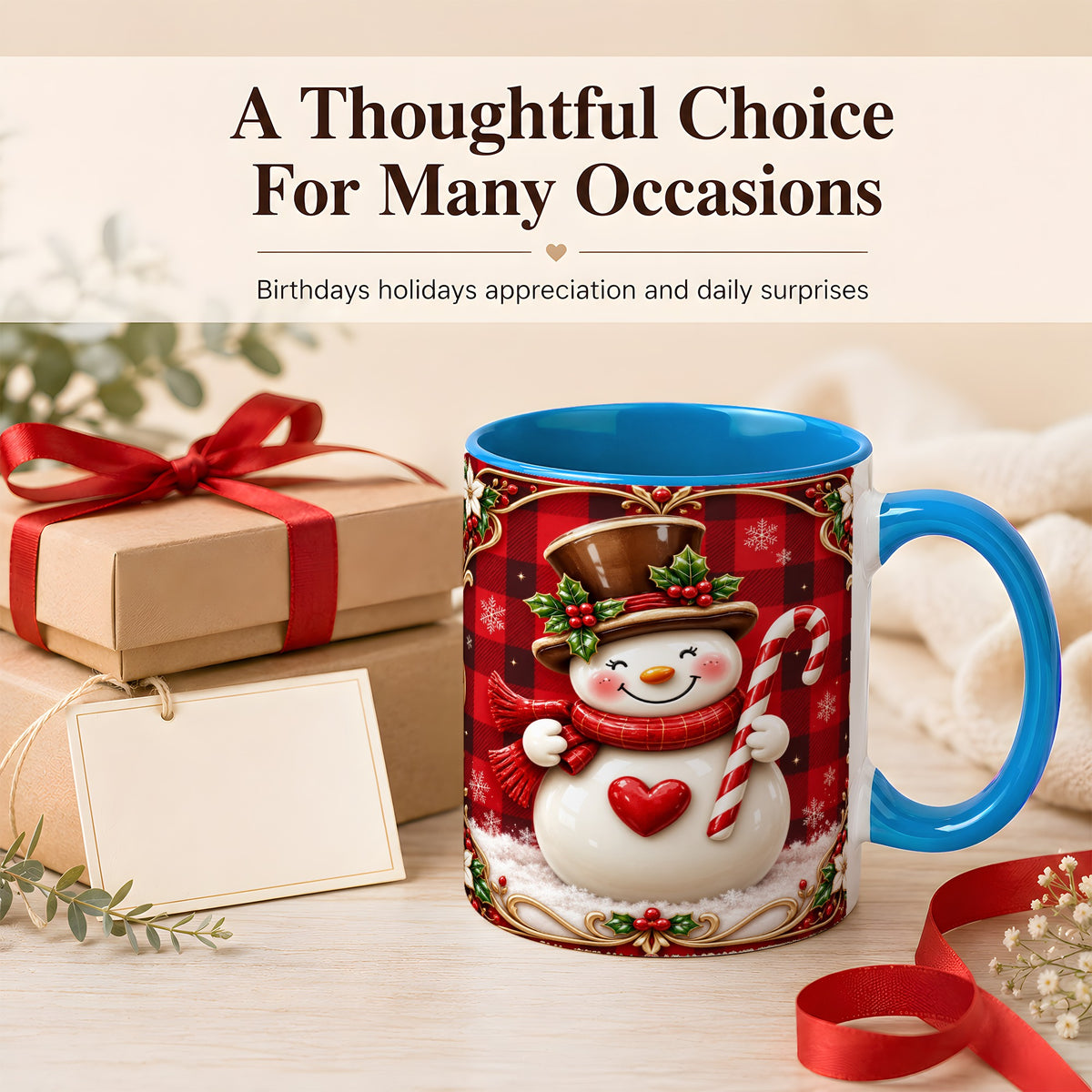 #pl[11oz|Blue] Plaid Snowman Coffee Mug, Christmas Snowman Mug, Ceramic Cup