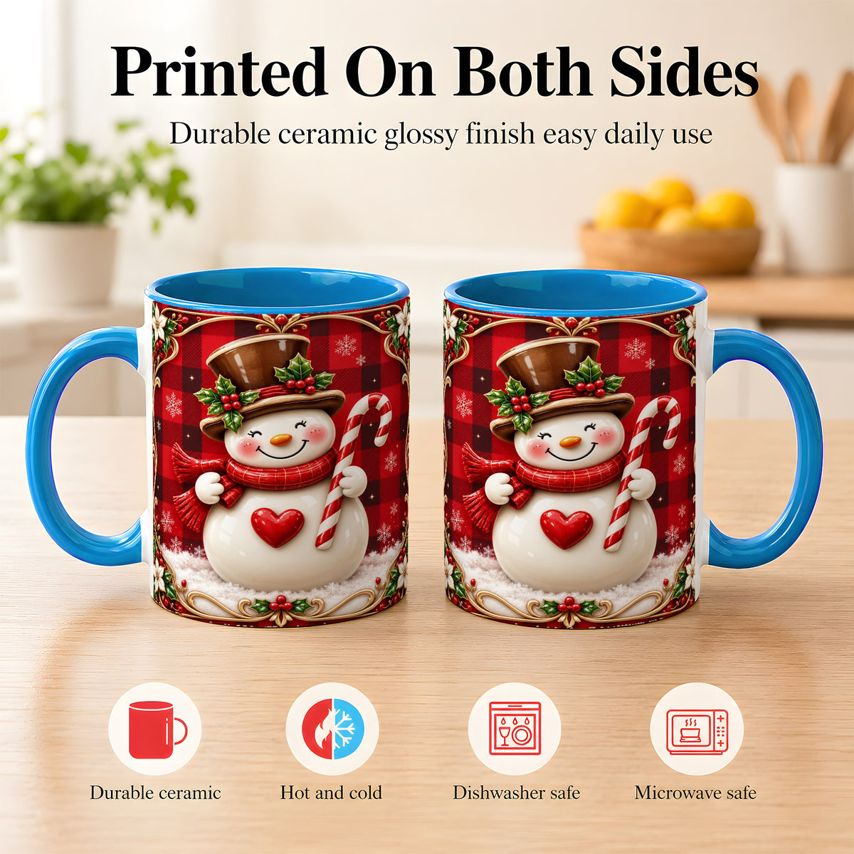 #pl[11oz|Blue] Plaid Snowman Coffee Mug, Christmas Snowman Mug, Ceramic Cup